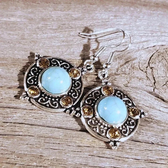 Topaz Crystal Turquoise Blue Stone Silver Chain Necklace Earrings Jewelry Set - Picture 7 of 16